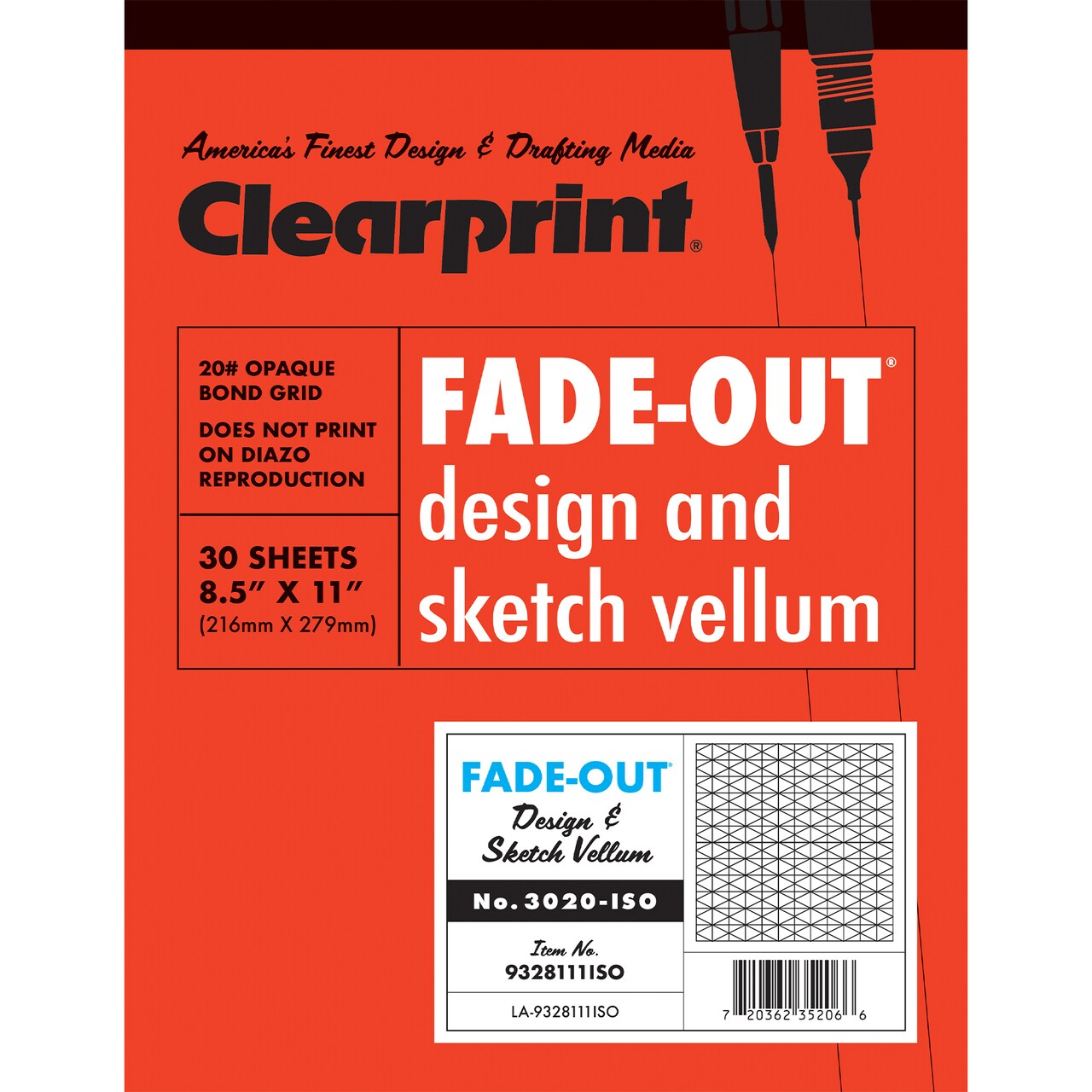 Clearprint 3020 8.5" x 11" Bond Pad with 30-Degree Isometric Fade-Out Grid, 20 lb., 50 Sheets/Pad